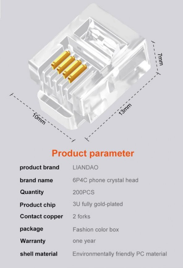 PrimeX PX-6P4C RJ11 4 Pinli Konnektör, RJ11 Jack, 6P4C Jack, RJ11 Telefon Kablo Ucu 100 lü Paket - 7