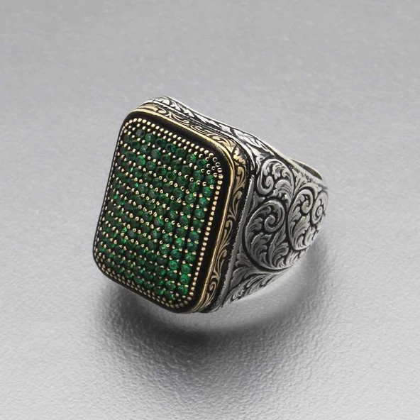 Gümüş Yeşil Zirkon Taşlı Kare Erkek Yüzük - Resim 9