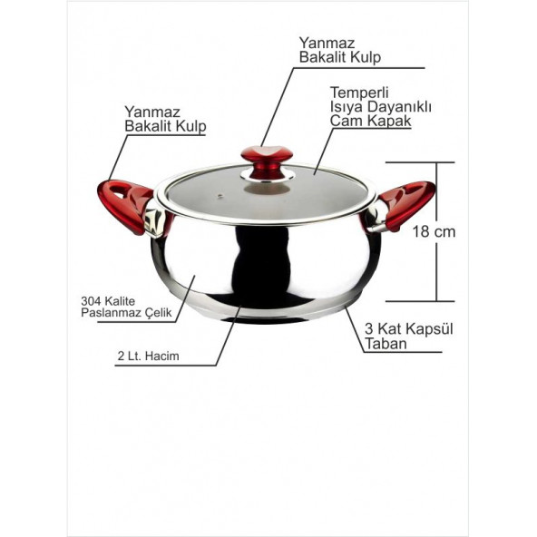 En İyi Kalite Büyük 2 LT. Cam Kapaklı Yanmaz Bakalit Kulplu Kalın Tabanlı Paslanmaz Çelik Tencere - 2