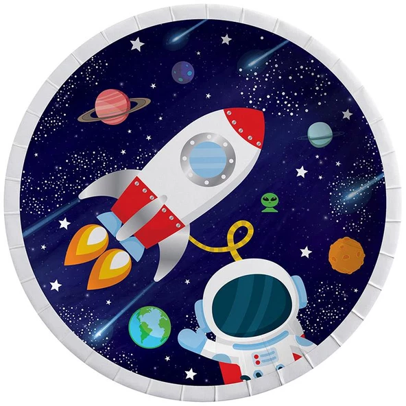 Lüks Doğum Günü Karton Tabak 8 Adet 23cm Kozmik Astronot Uzay Galaksi Temalı Tabak