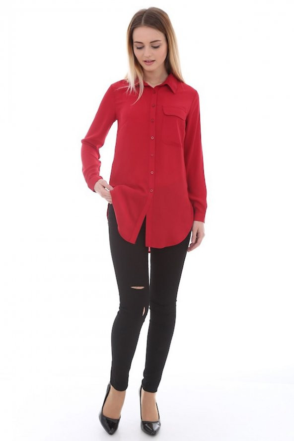 Cep Detaylı Kırmızı Kadın Gömlek - 2