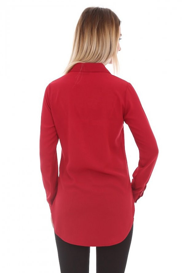 Cep Detaylı Kırmızı Kadın Gömlek - 3