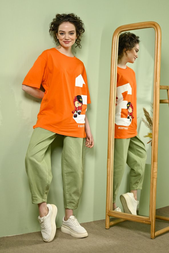 10231-Kadın Baskılı T-shirt - Oranj