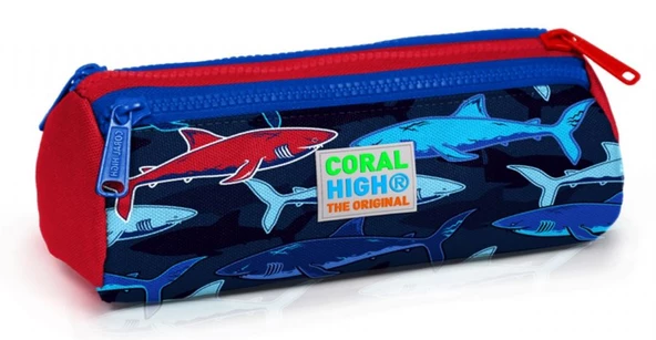 Coral High Mavi-Kırmızı Köpekbalığı Baskılı Üç Bölmeli Kalem Çantası -Erkek Çocuk