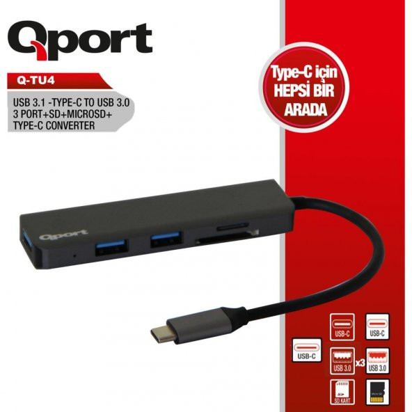 Qport Q-TU4 Type-C to USB 3.0 3Port+SD +Micro SD +Type-C Çevirici