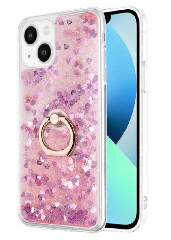 Apple iPhone 13 Kılıf Yüzüklü Standlı Korumalı Şeffaf Simli Pullu