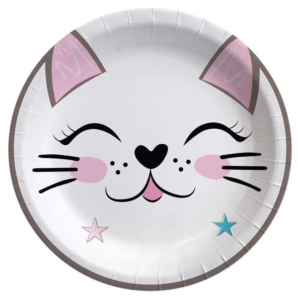 Lüks Doğum Günü Karton Tabak 8 Adet 23cm Kedi Baskılı Tabak