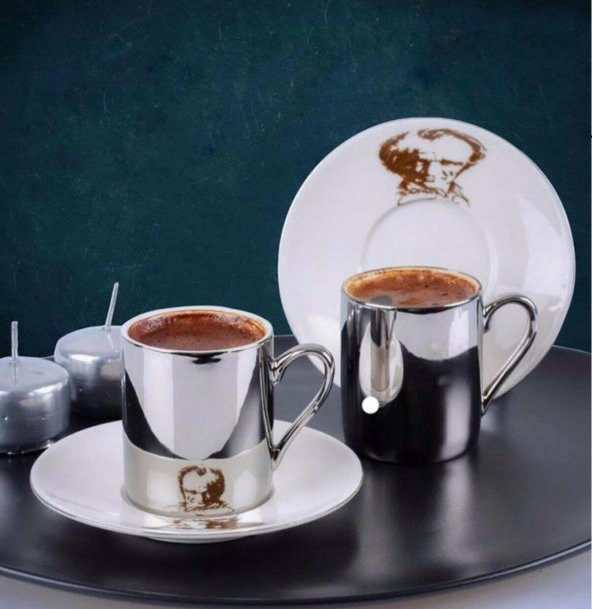 Acar Gümüş Aynalı Atatürk Resim Desen Porselen Türk Kahvesi Fincanı - 3