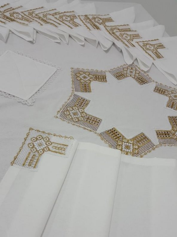 Finezza Batik Gold Dantelli Pamuk Kumaş Beyaz Mutfak Takımı 17 Parça - 997 - 5