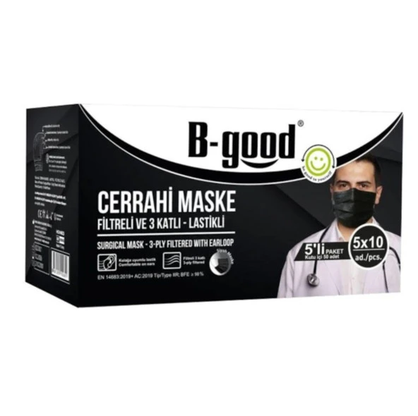 B-Good Cerrahi Maske Filtreli 3 Katlı Siyah 5'li Paket (50 Adet)