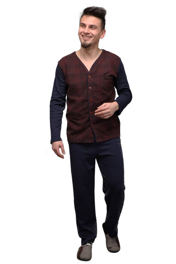 Düğmeli V Yaka Erkek Pijama Takımı | Bordo - 1