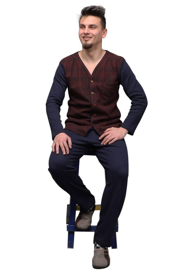 Düğmeli V Yaka Erkek Pijama Takımı | Bordo - 2