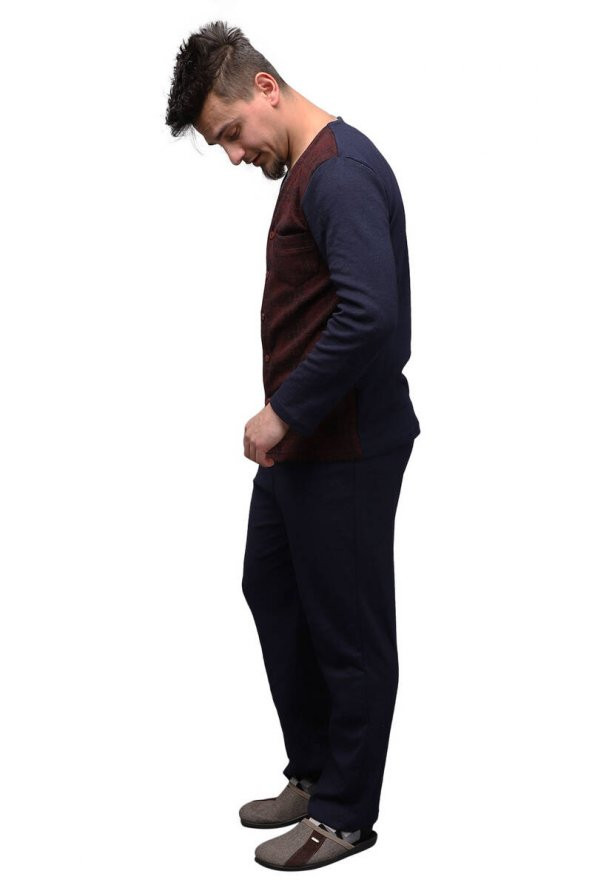 Düğmeli V Yaka Erkek Pijama Takımı | Bordo - 3