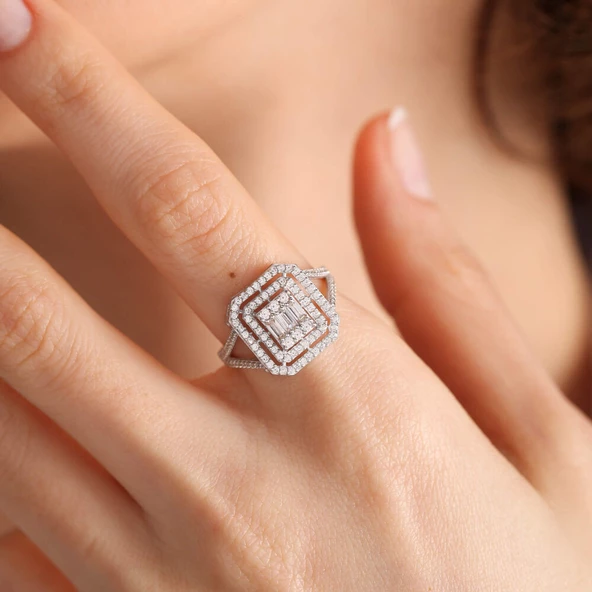 Beyaz Altın Baget Yüzük Çift Kol Form - Resim 2