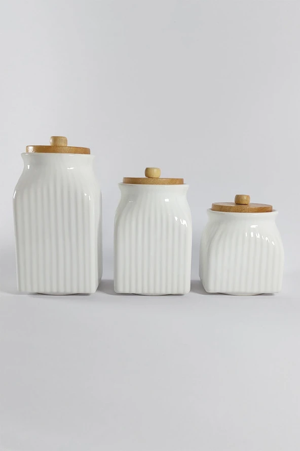 3' Lü Vakumlu Ahşap Kapaklı Beyaz Kavanoz Seti Takımı Baharat Çay Tuz Şeker Kahve Kavanozu - 2