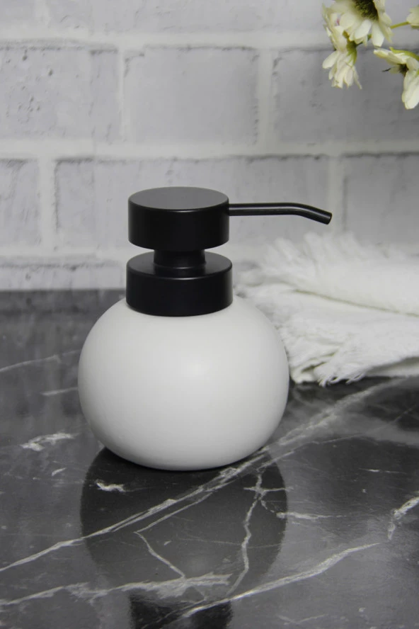 Lüks Beyaz Porselen Tombul Sıvı Sabunluk, Siyah Başlıklı Deterjanlık