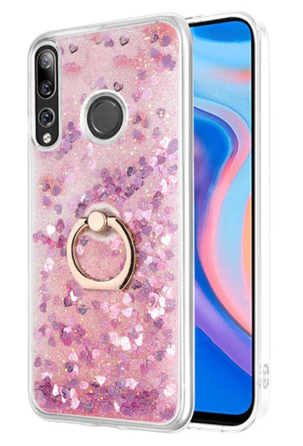 Huawei Y9 Prime 2019 Kılıf Yüzüklü Standlı Korumalı Şeffaf Simli Pullu