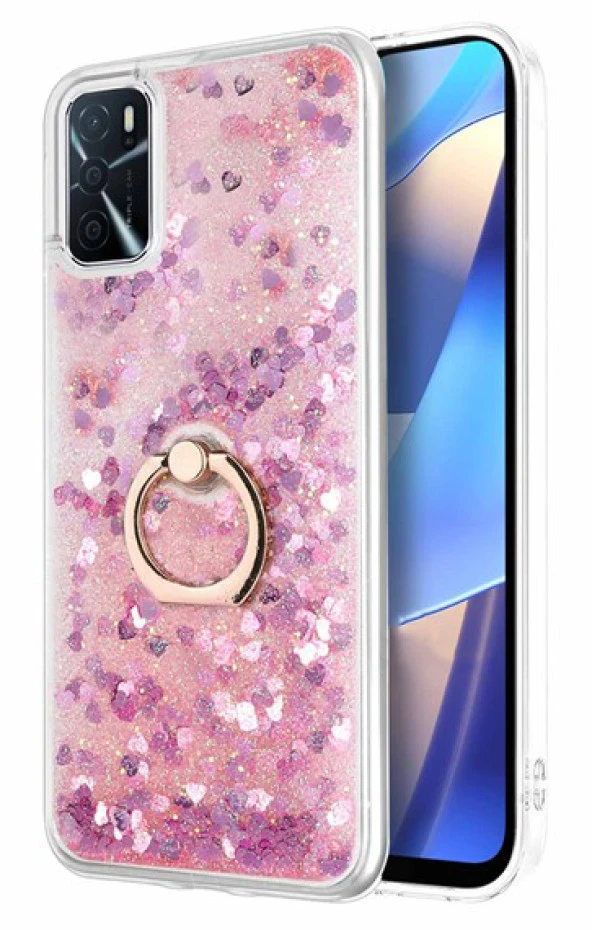 Oppo A16 Kılıf Yüzüklü Standlı Korumalı Şeffaf Simli Pullu