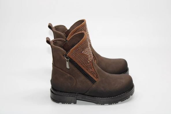 ENSA KIZ ÇOCUĞU TAŞLI ÇİFT FERMUARLI ORTOPEDİK TABAN KAHVE BOT