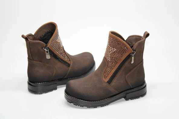 ENSA KIZ ÇOCUĞU TAŞLI ÇİFT FERMUARLI ORTOPEDİK TABAN KAHVE BOT - 3