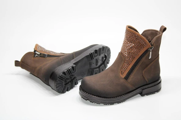 ENSA KIZ ÇOCUĞU TAŞLI ÇİFT FERMUARLI ORTOPEDİK TABAN KAHVE BOT - 4