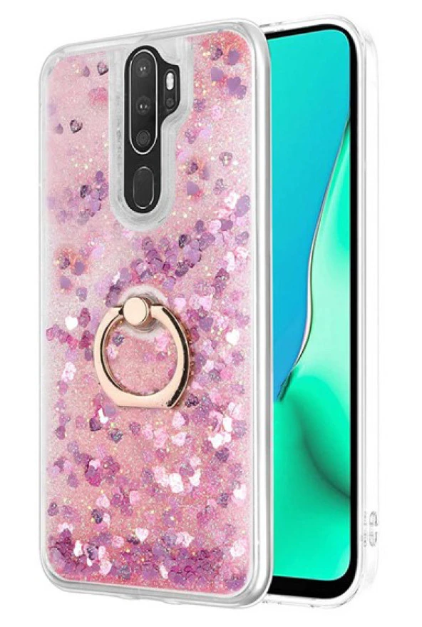 Oppo A9 2020 Kılıf Yüzüklü Standlı Korumalı Şeffaf Simli Pullu