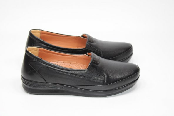 Giygez Hakiki Deri Bağsız Kolay Giyim Kadın Siyah Ortopedik Ayakkabı