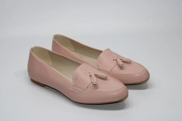 SEDEF KAYMAZ DÜZ TABAN PÜSKÜLLÜ KLASİK-SPOR KADIN PUDRA GÜNLÜK BABET AYAKKABI