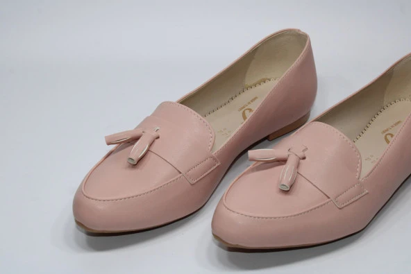 SEDEF KAYMAZ DÜZ TABAN PÜSKÜLLÜ KLASİK-SPOR KADIN PUDRA GÜNLÜK BABET AYAKKABI - 2