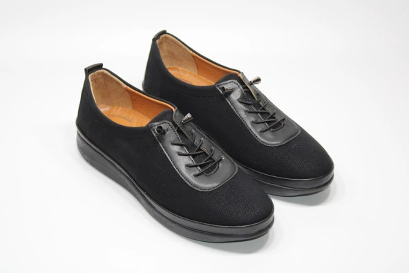 SEDEF ORTOPEDİK HAFİF TABAN LASTİK BAĞCIKLI KOLAY GİYİM KADIN SİYAH GÜNLÜK AYAKKABI - 4