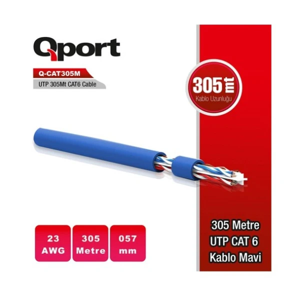 Qport Q-CAT6M 305 mt. UTP 23Awg 0,57mm Mavi Network Ağ Kablosu