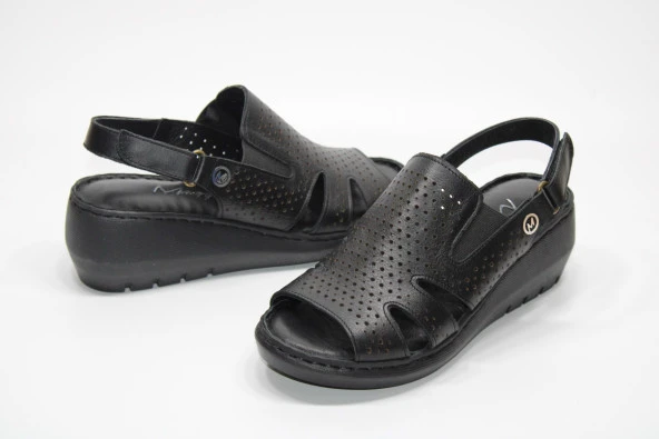 HAKİKİ DERİ ARKADAN CIRT AYARLI KADIN SİYAH GÜNLÜK SANDALET - 2