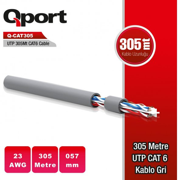 Qport Q-CAT6 305 mt. UTP 23Awg 0,57mm Gri Network Ağ Kablosu