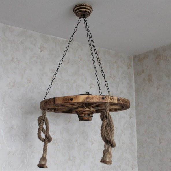 Otantik Çarşı Ahşap Halatlı Teker Avize 60 cm. 3lü