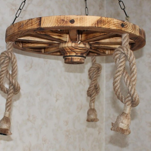 Otantik Çarşı Ahşap Halatlı Teker Avize 60 cm. 3lü - 3