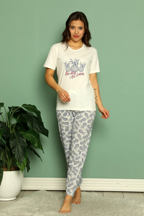 Yazlık Ananas Desen Kısa Kol Kadın Pijama Takımı-Genç Anne Serisi
