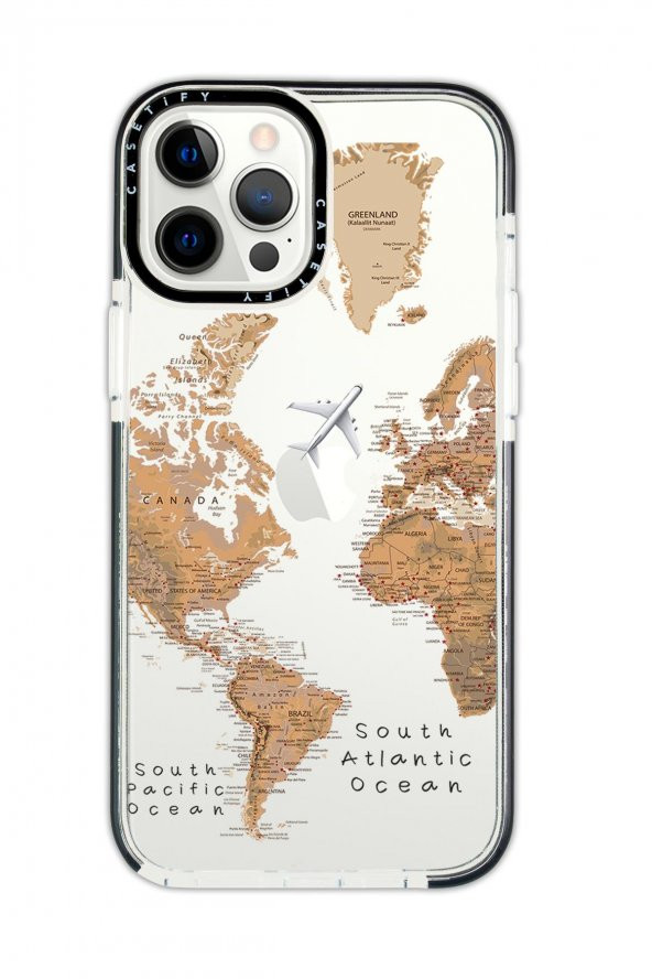 iPhone 11 Pro Max Casetify Dünya Harita Desenli Anti Shock Premium Silikonlu Siyah Kenar Detaylı Telefon Kılıfı