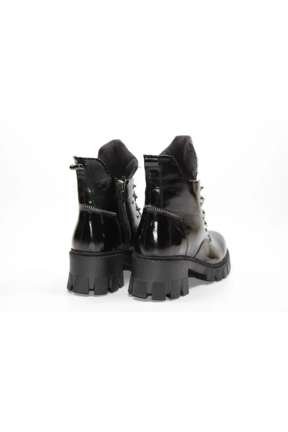 HAKİKİ DERİ KALIN ALÇAK TOPUKLU ARKASI FERMUAR DESENLİ BAĞCIKLI F. POSTAL BOT - 4