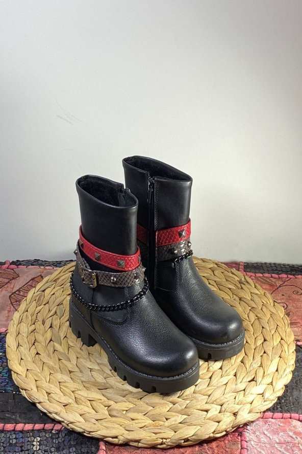 Kız Çocuk Hakiki Deri Bot Kırmızı Kemer Detaylı - 6