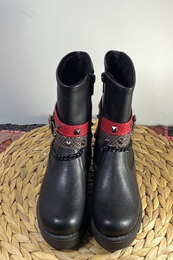 Kız Çocuk Hakiki Deri Bot Kırmızı Kemer Detaylı - 7