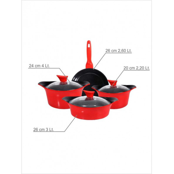 En Güzel Ev Ofis Hediyesi Kırmızı Gurme 7 Parça Cam Kapaklı Döküm Tencere Tava Yemek Pişirme Seti