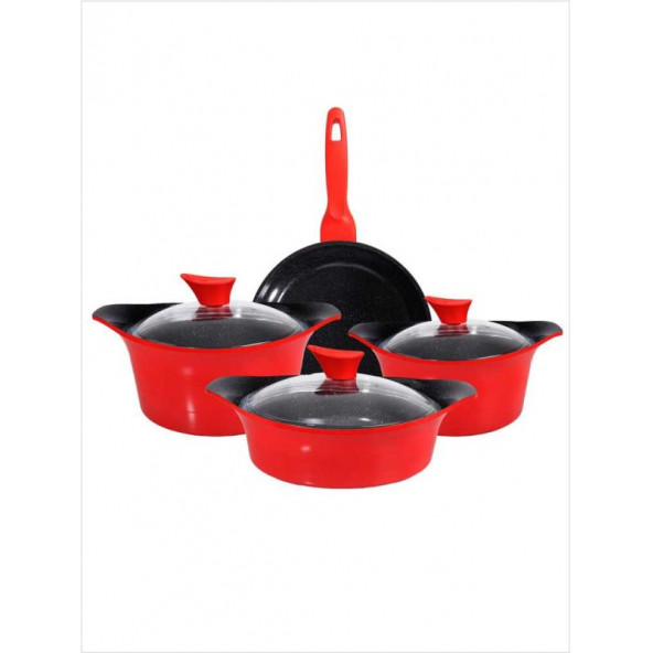 En Güzel Ev Ofis Hediyesi Kırmızı Gurme 7 Parça Cam Kapaklı Döküm Tencere Tava Yemek Pişirme Seti - 2