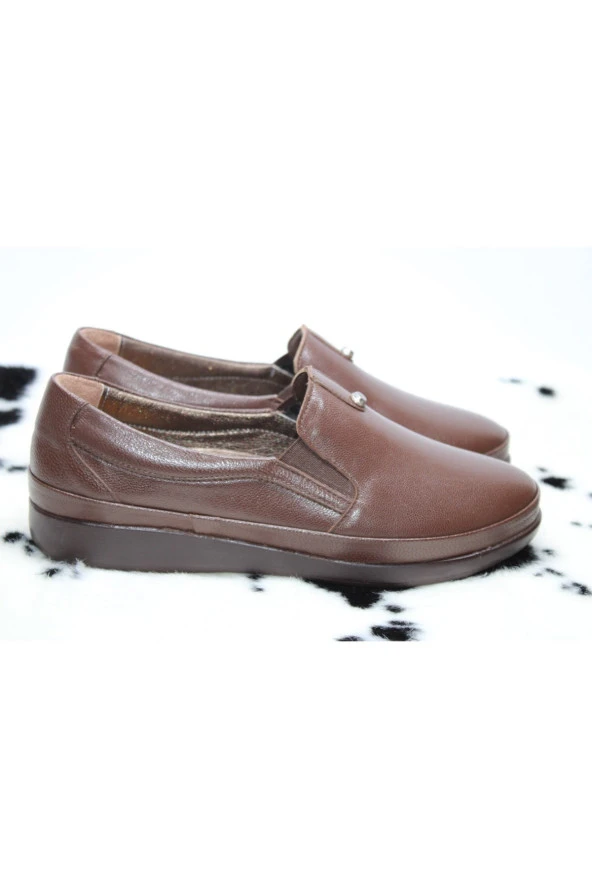 HANIMCA HAKİKİDERİ DÜZ TABAN YANI LASTİKLİ TOPUK DİKENİ JEL TABAN GÜNLÜK RAHAT AYAKKABI - 4