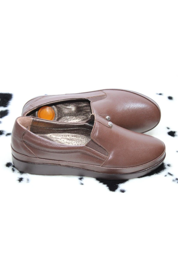 HANIMCA HAKİKİDERİ DÜZ TABAN YANI LASTİKLİ TOPUK DİKENİ JEL TABAN GÜNLÜK RAHAT AYAKKABI - 5