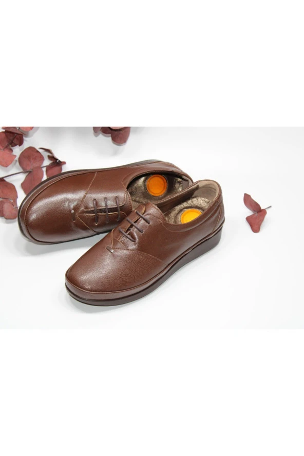 HANIMCA HAKİKİ DERİ  DÜZ TABAN TOPUK DİKENİ DESTEKLİ KAHVE GÜNLÜK BAĞCIKLI KLASİK AYAKKABI - 3