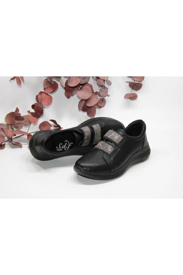 SEDEF HAFİF DÜZ TABAN TAŞLI LASTİKLİ SİYAH GÜNLÜK SPOR YÜRÜYÜŞ AYAKKABI - 3