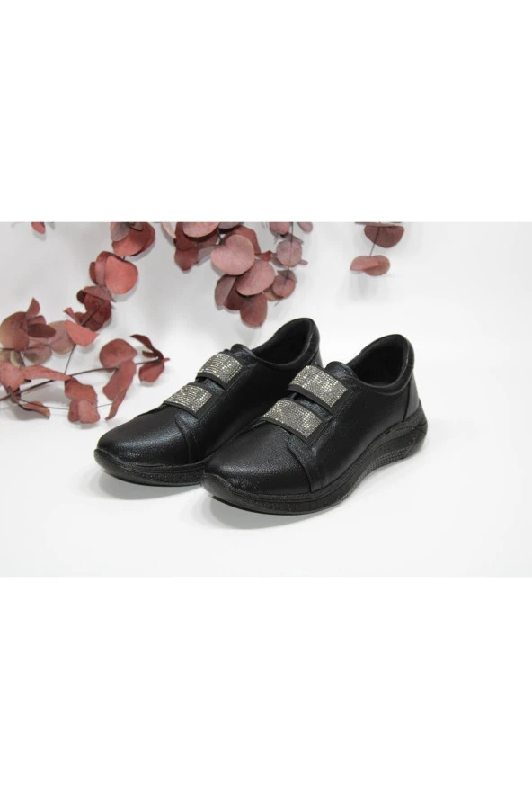 SEDEF HAFİF DÜZ TABAN TAŞLI LASTİKLİ SİYAH GÜNLÜK SPOR YÜRÜYÜŞ AYAKKABI - 4