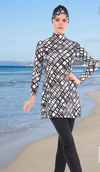 ESTİVA 22905 Siyah  DİJİTAL DESENLİ TAM BOY LYCRALI TESETTÜR MAYO - Resim 3