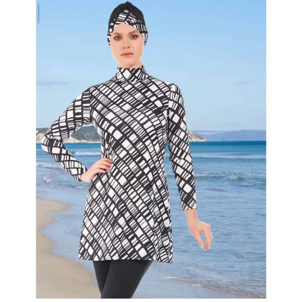 ESTİVA 22905 Siyah  DİJİTAL DESENLİ TAM BOY LYCRALI TESETTÜR MAYO - Resim 2