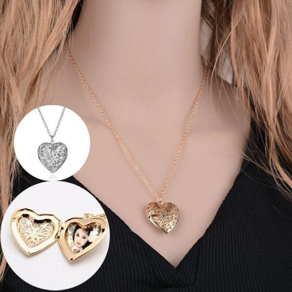 Fotoğraf Çerçeveli Kalp Kolye Gold Renk - 2